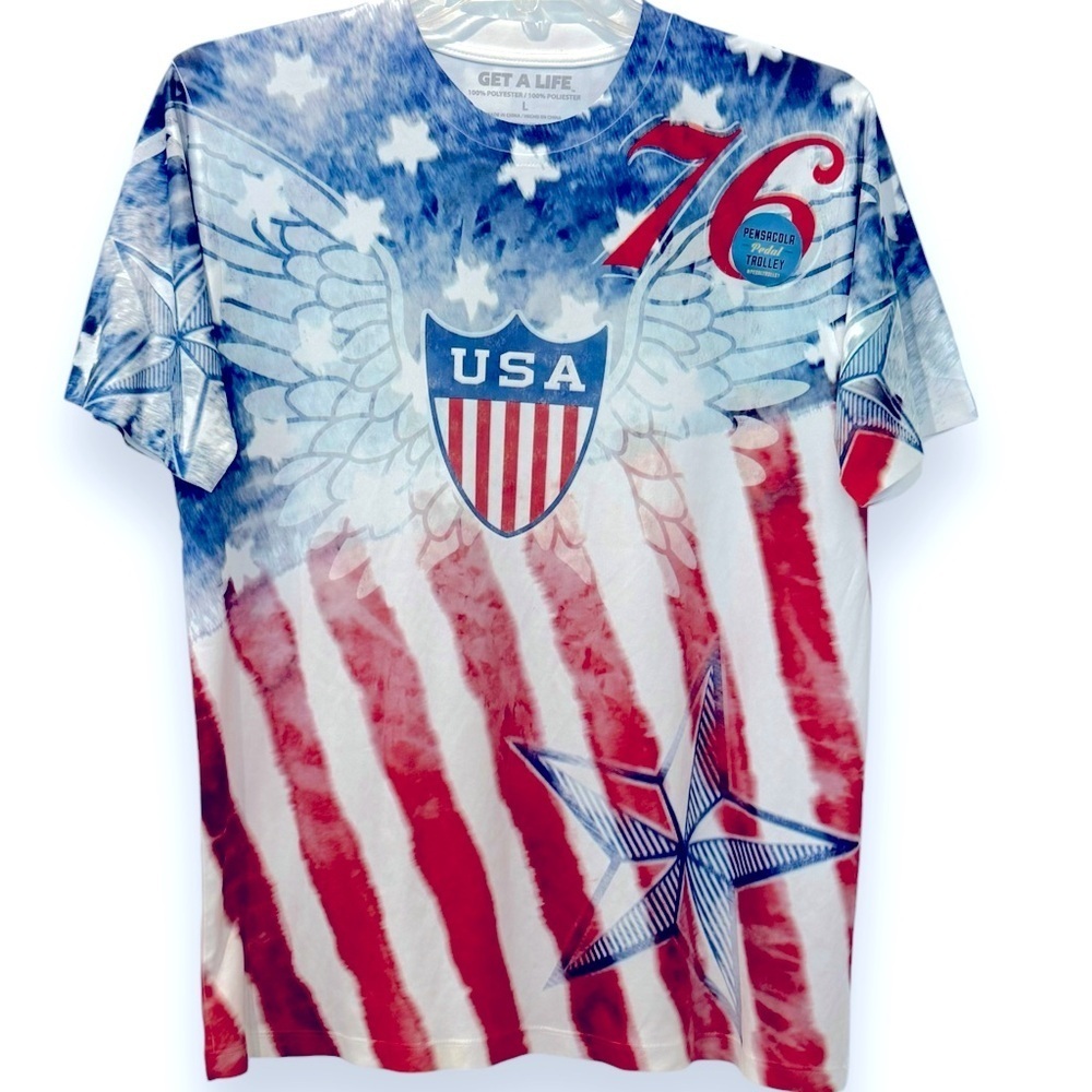 NWOT Get A Life Size Large Patriotic Tee American USA Star 76 100% Polyester